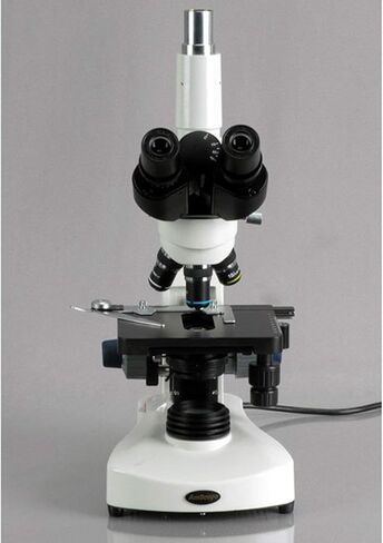 AmScope T340A-LED Siedentopf مجهر مركب ثلاثي العينيات، تكبير 40X-1600X، برايتفيلد، عدسات WF10x وWF16x، إضاءة LED، مكثف آبي، مسرح ميكانيكي مزدوج الطبقة in Saudi Arabia