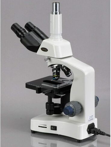 AmScope T340A-LED Siedentopf مجهر مركب ثلاثي العينيات، تكبير 40X-1600X، برايتفيلد، عدسات WF10x وWF16x، إضاءة LED، مكثف آبي، مسرح ميكانيكي مزدوج الطبقة in Saudi Arabia