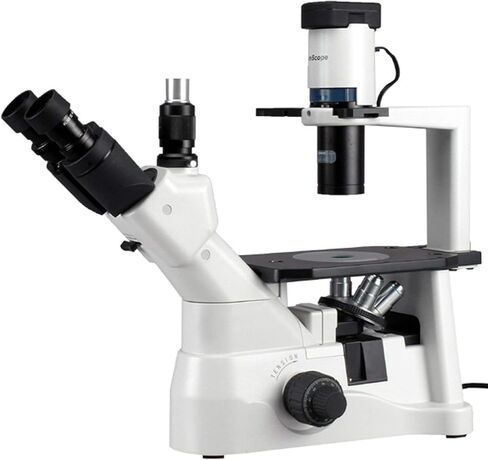 AmScope IN400TA Long Working-Distance Inverted Trinocular Microscope, 40x-900x, WH10x and WH15x Super-Widefield Eyepieces, Brightfield and Phase-Contrast Objectives, 30W Halogen Illumination, 0.3 NA Abbe Condenser, Plain Stage, 90 to 240V in Saudi Arabia