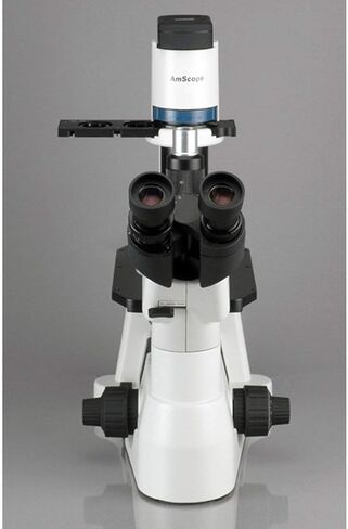 AmScope IN400TB Long Working-Distance Inverted Trinocular Microscope, 40x-1200x, WH10x and WH20x Super-Widefield Eyepieces, Brightfield and Phase-Contrast Objectives, 30W Halogen Illumination, 0.3 NA Abbe Condenser, Plain Stage, 90 to 240V in Saudi Arabia
