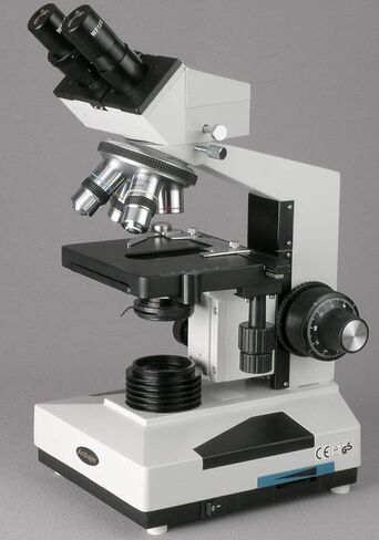 AmScope B400B-LED Compound Binocular Microscope, WF10x and WF20x Eyepieces, 40X-2000X Magnification, Brightfield, LED Illumination, Abbe Condenser, Double-Layer Mechanical Stage, Sliding Head, High-Resolution Optics in Saudi Arabia