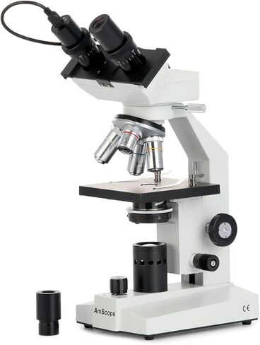 AmScope B100B-E2 Compound Binocular Microscope, 40X-2000X Magnification, Brightfield, Tungsten Illumination, Abbe Condenser, Plain Stage, with 2MP Camera in Saudi Arabia