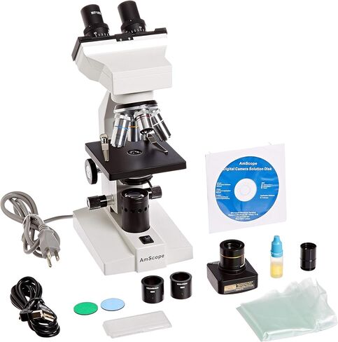 AmScope B100B-5M Digital Compound Binocular Microscope, 40X-2000X Magnification, Brightfield, Tungsten Illumination, Abbe Condenser, Plain Stage, Includes 5MP Camera with Reduction Lens and Software in Saudi Arabia