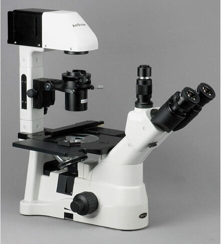 AmScope IN480TC-10M مجهر ثلاثي العينيات مقلوب رقمي طويل المسافة، 40x-1500x، خطة WH10x وعدسات WH25x فائقة الاتساع، أهداف برايتفيلد وتباين الطور، إضاءة هالوجين 30 وات، مكثف 0.3 NA Kohler، مرحلة ميكانيكية، 90 in Saudi Arabia