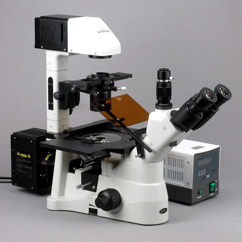 AmScope IN480TC-FL Long Working-Distance Inverted Fluorescence Trinocular Microscope, 40x-1500x, WH10x Plan and WH25x Super-Widefield Eyepieces, Brightfield and Phase-Contrast Objectives, 30W Halogen Illumination, 0.3 NA Kohler Condenser, Mechanical Stage in Saudi Arabia