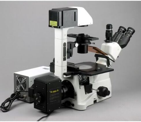AmScope IN480TC-FL-BWF Digital Long Working-Distance Inverted Fluorescence Trinocular Microscope, 40x-1500x, WH10x Plan and WH25x Super-Widefield Eyepieces, Brightfield and Phase-Contrast Objectives, 30W Halogen Illumination, 0.3 NA Kohler Condenser, Mech in Saudi Arabia