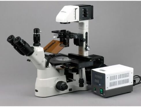 AmScope IN480TC-FL-BWF Digital Long Working-Distance Inverted Fluorescence Trinocular Microscope, 40x-1500x, WH10x Plan and WH25x Super-Widefield Eyepieces, Brightfield and Phase-Contrast Objectives, 30W Halogen Illumination, 0.3 NA Kohler Condenser, Mech in Saudi Arabia