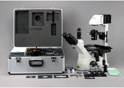 AmScope IN480TB-FL مجهر ثلاثي العينيات مقلوب لمسافة العمل الطويلة، 40x-1200x، خطة WH10x وعدسات WH20x فائقة الاتساع، أهداف Brightfield وتباين الطور، إضاءة هالوجين 30 وات، مكثف 0.3/0.5 NA Kohler، ميكانيكي S in Saudi Arabia