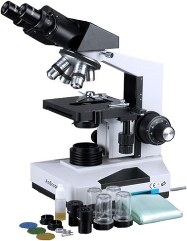 مجهر مركب AmScope B490-DK، عدسات WF10x، تكبير 40X-1000X، Brightfield/Darkfield (BF/DF)، إضاءة هالوجين، مكثف آبي، مسرح ميكانيكي مزدوج الطبقة، رأس منزلق، بصريات عالية الدقة، مضاد للعفن in Saudi Arabia