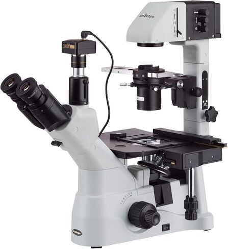 AmScope IN480TC-5M Digital Long Working-Distance Inverted Trinocular Microscope, 40x-1500x, WH10x Plan and WH25x Super-Widefield Eyepieces, Brightfield and Phase-Contrast Objectives, 30W Halogen Illumination, 0.3 NA Kohler Condenser, Mechanical Stage, 90  in Saudi Arabia