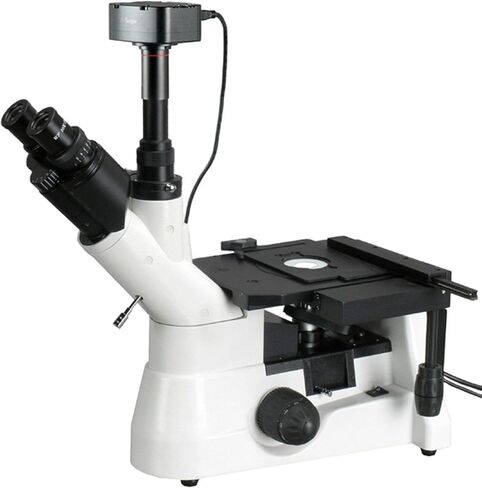 AmScope ME1400TC-5MT Digital Inverted Trinocular Metallurgical Microscope, 40X-1000X Magnification, WF10x and WF25x Eyepieces, WF10x Eyepiece with Reticle, Kohler Condenser, 30W Halogen Illumination with Rheostat, Double-Layer Mechanical Stage, 85-230V, I in Saudi Arabia