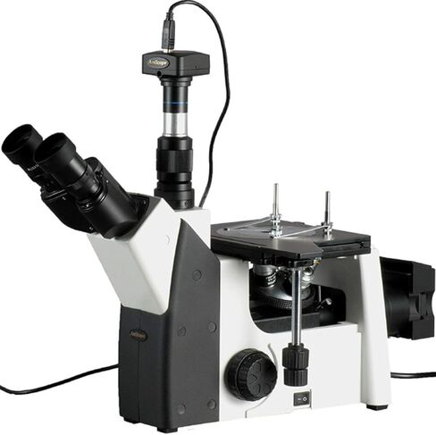 AmScope ME1200TB-8M Digital Inverted Trinocular Metallurgical Microscope, 50X-1000X Magnification, PL10x and PL20x Eyepieces, Polarizing Condenser, Brightfield and Polarizing LED Illumination with Rheostat, Large Double-Layer Mechanical Stage, 90-240V, In in Saudi Arabia