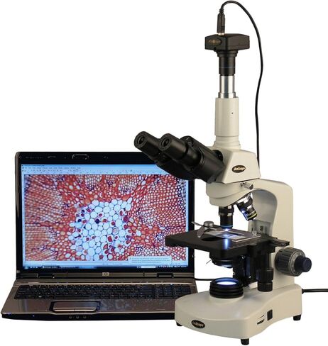AmScope T340B-LED-8M Digital Siedentopf Trinocular Compound Microscope, 40X-2000X Magnification, Brightfield, WF10x and WF20x Eyepieces, LED Illumination, Abbe Condenser, Double-Layer Mechanical Stage, Includes 8MP Camera with Reduction Lens and Software in Saudi Arabia