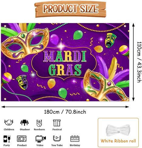 Mardi Gras Backdrop, Purple Polyester, 70.8 x 43.3 Inch, Includes Banner & Rope, Perfect for Carnival Masquerade Parties in Saudi Arabia