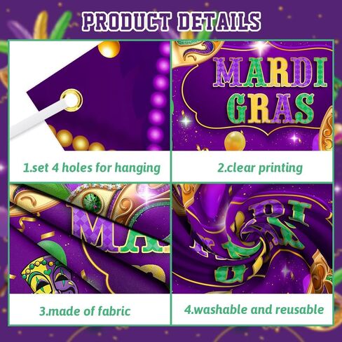 Mardi Gras Backdrop, Purple Polyester, 70.8 x 43.3 Inch, Includes Banner & Rope, Perfect for Carnival Masquerade Parties in Saudi Arabia