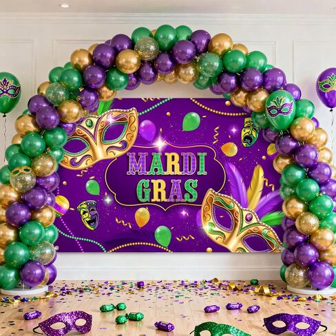 Mardi Gras Backdrop, Purple Polyester, 70.8 x 43.3 Inch, Includes Banner & Rope, Perfect for Carnival Masquerade Parties in Saudi Arabia