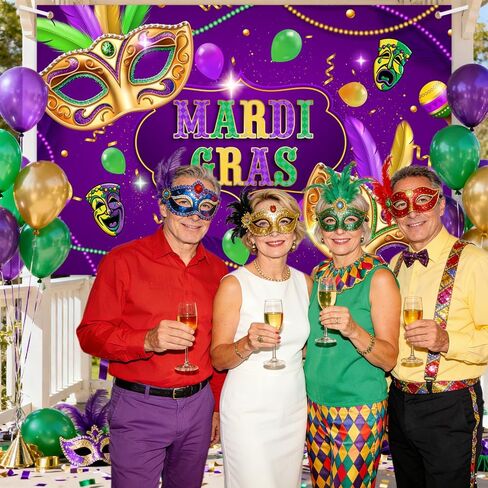 Mardi Gras Backdrop, Purple Polyester, 70.8 x 43.3 Inch, Includes Banner & Rope, Perfect for Carnival Masquerade Parties in Saudi Arabia