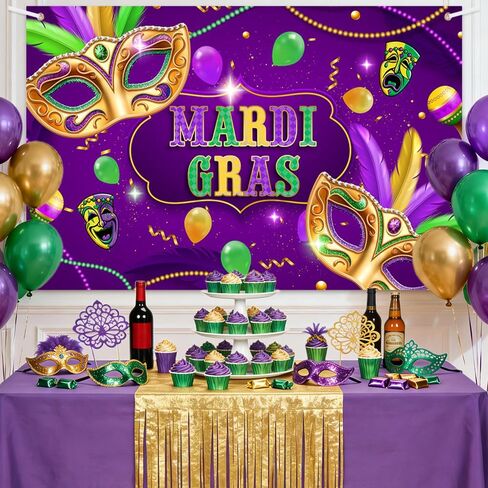 Mardi Gras Backdrop, Purple Polyester, 70.8 x 43.3 Inch, Includes Banner & Rope, Perfect for Carnival Masquerade Parties in Saudi Arabia