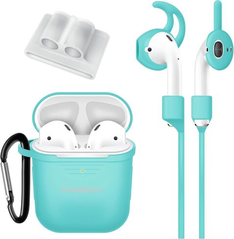 مجموعة ملحقات ChargeWorx المكونة من 6 قطع متوافقة مع Apple AirPods والساعات الذكية (غير متضمنة)، تتضمن حافظة من السيليكون وحلقة تسلق وحزام أمان مغناطيسي وحامل سوار الساعة وطرفين جناحين، لون نعناعي in Kuwait