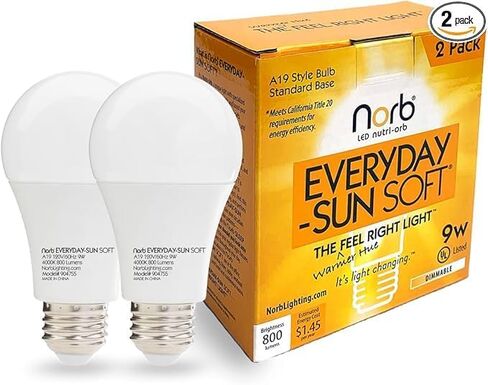 لمبة إضاءة NorbEVERYDAYSUN ناعمة كاملة الطيف، طراز 4000K ناعم اللون مع تقنية محاكاة الشمس للطاقة والمزاج والأداء، يدعم دورات النوم/الاستيقاظ، 9 وات، قاعدة قياسية، عبوتان، بسعر الميزانية in Saudi Arabia