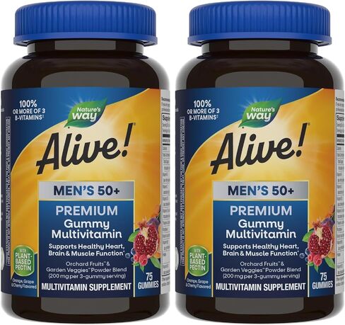 Nature's Way Alive! Men’s 50+ Premium Gummy Multivitamins, Supports Multiple Body Systems, B-Vitamins, Gluten-Free, Vegetarian, Grape, Orange and Cherry Flavored Gummies, 75 Gummies in Saudi Arabia