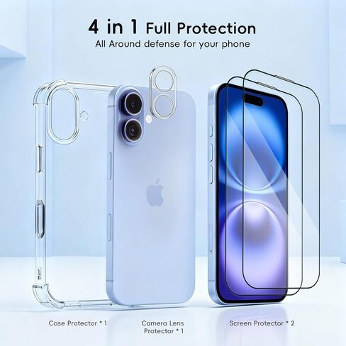حافظة لهاتف iPhone 17 شفافة مع واقي الشاشة وواقي عدسة الكاميرا بتغطية كاملة من الزجاج المقسى بصلابة 9H مع صندوق خالٍ من الغبار (عبوة من قطعتين + قطعة واحدة) شفاف in Kuwait