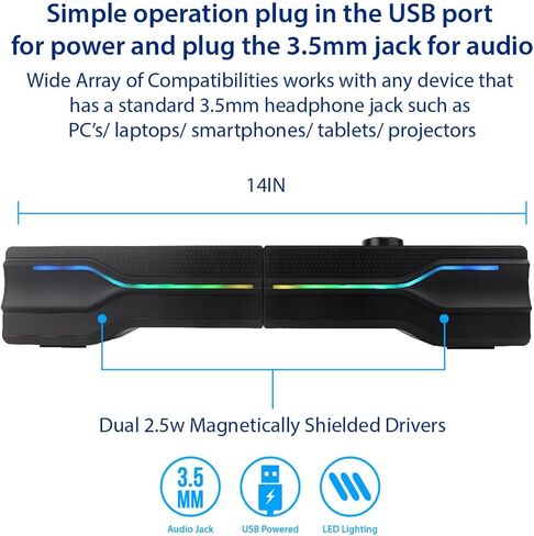 Desktop USB Powered 2-in-1 Soundbar Stereo Speaker, RGB LED Light in Saudi Arabia