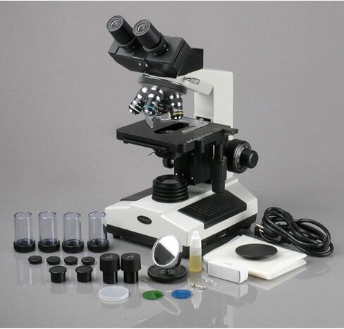 مجهر مركب AmScope B390A، تكبير 40X-1600X، برايتفيلد، إضاءة هالوجين، مكثف آبي، مرحلة ميكانيكية مزدوجة الطبقة in Saudi Arabia