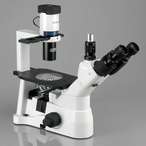 AmScope IN400T-8M مجهر ثلاثي العينيات مقلوب رقمي طويل المسافة، 40x-600x، عدسات WH10x فائقة الاتساع، أهداف برايتفيلد وتباين الطور، إضاءة هالوجين 30 وات، مكثف NA Abbe 0.3، مرحلة عادية، 90 إلى 240 فولت، تتضمن 8 ميجابكسل Ca in Saudi Arabia