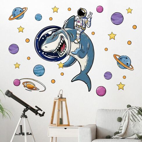 Outer Space Shark Funny Wall Decals Stickers, Astronaut Planet Galaxy Nursery Decor, Solar System Stars Polka Dots Home Decorations Bedroom Playroom Classroom Art in Saudi Arabia
