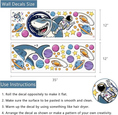 Outer Space Shark Funny Wall Decals Stickers, Astronaut Planet Galaxy Nursery Decor, Solar System Stars Polka Dots Home Decorations Bedroom Playroom Classroom Art in Saudi Arabia