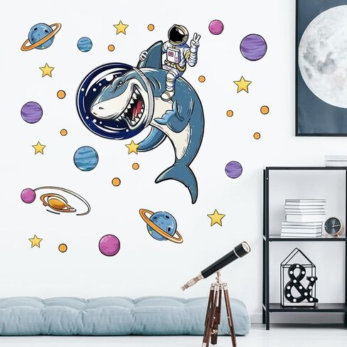 Outer Space Shark Funny Wall Decals Stickers, Astronaut Planet Galaxy Nursery Decor, Solar System Stars Polka Dots Home Decorations Bedroom Playroom Classroom Art in Saudi Arabia