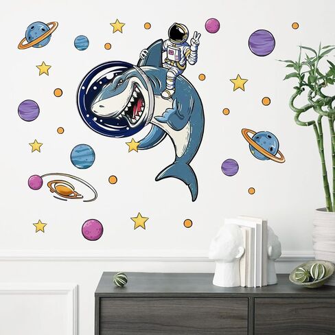 Outer Space Shark Funny Wall Decals Stickers, Astronaut Planet Galaxy Nursery Decor, Solar System Stars Polka Dots Home Decorations Bedroom Playroom Classroom Art in Saudi Arabia