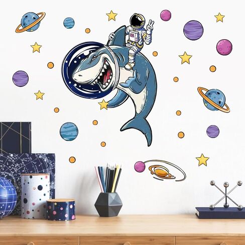 Outer Space Shark Funny Wall Decals Stickers, Astronaut Planet Galaxy Nursery Decor, Solar System Stars Polka Dots Home Decorations Bedroom Playroom Classroom Art in Saudi Arabia