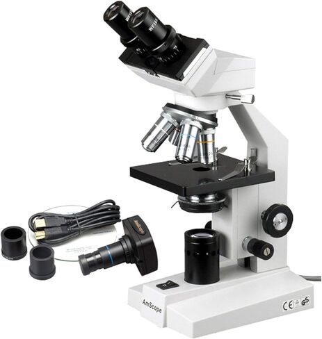 AmScope B100A-M مجهر رقمي مركب، تكبير 40X-1600X، برايتفيلد، إضاءة التنغستن، مكثف آبي، مسرح عادي، يتضمن كاميرا 1.3 ميجابكسل مع عدسة تخفيض وبرامج in Saudi Arabia