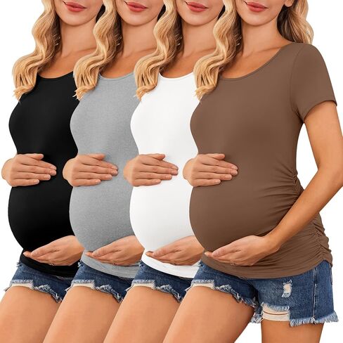 Ekouaer 4 عبوات من قمصان الحمل النسائية بأكمام قصيرة وجانب مكشكش للحمل، بلوزة تونيك، ملابس ماما in Kuwait