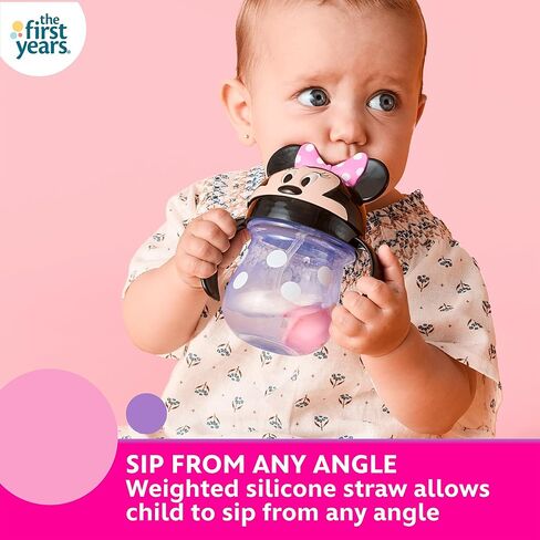 The First Years Disney Minnie Mouse Weighted Straw Cup - Spill Proof Toddler Cups with Flip Top Cover and Silicone Straw - Dishwasher Safe - 7 Oz - 6 Months and Up in Saudi Arabia