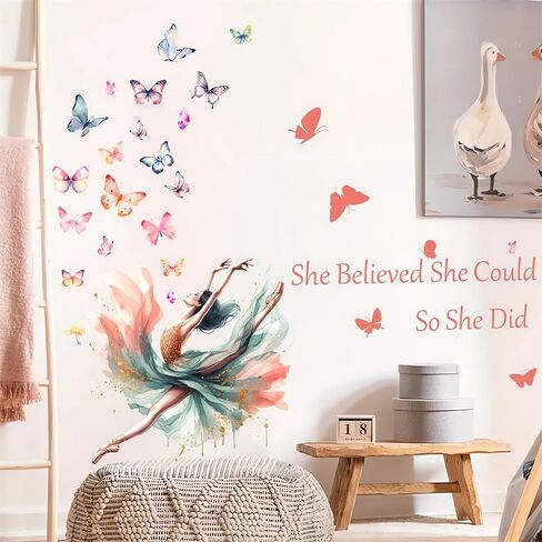 Dancing Ballet Girl Colorful Butterfly Wall Stickers, sacinora Inspirational Quotes Motivational Word DIY Wall Decals Removable Vinyl Peel and Stick for Girl Nursery Kids Baby Bedroom Home Decorations in Saudi Arabia