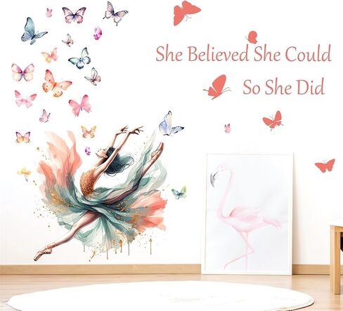 Dancing Ballet Girl Colorful Butterfly Wall Stickers, sacinora Inspirational Quotes Motivational Word DIY Wall Decals Removable Vinyl Peel and Stick for Girl Nursery Kids Baby Bedroom Home Decorations in Saudi Arabia
