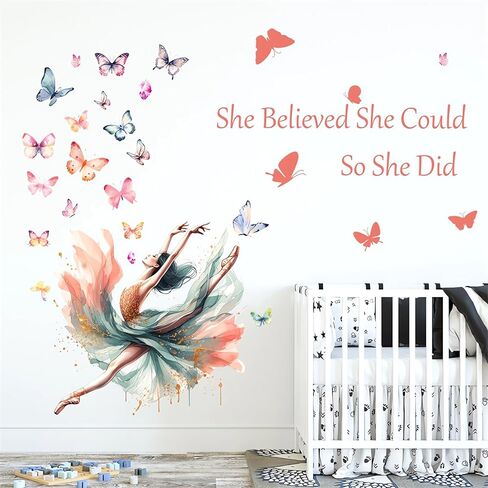 Dancing Ballet Girl Colorful Butterfly Wall Stickers, sacinora Inspirational Quotes Motivational Word DIY Wall Decals Removable Vinyl Peel and Stick for Girl Nursery Kids Baby Bedroom Home Decorations in Saudi Arabia