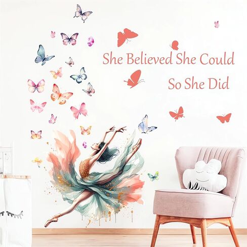 Dancing Ballet Girl Colorful Butterfly Wall Stickers, sacinora Inspirational Quotes Motivational Word DIY Wall Decals Removable Vinyl Peel and Stick for Girl Nursery Kids Baby Bedroom Home Decorations in Saudi Arabia