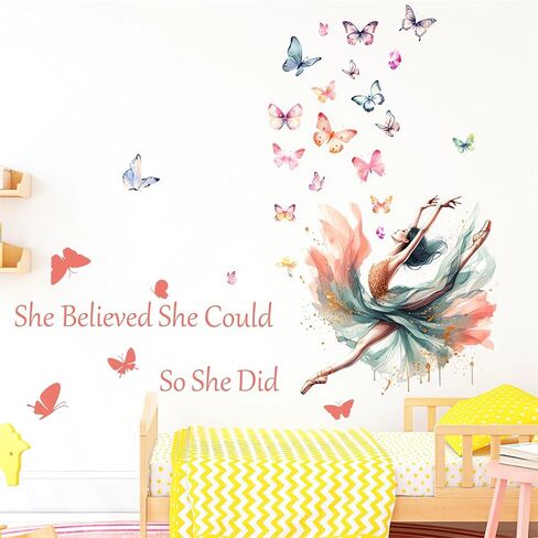 Dancing Ballet Girl Colorful Butterfly Wall Stickers, sacinora Inspirational Quotes Motivational Word DIY Wall Decals Removable Vinyl Peel and Stick for Girl Nursery Kids Baby Bedroom Home Decorations in Saudi Arabia