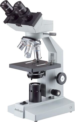 AmScope B100A مجهر ثنائي العينين المركب، تكبير 40X-1600X، برايتفيلد، إضاءة التنغستن، مكثف آبي، مرحلة عادية in Saudi Arabia