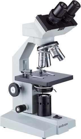 AmScope B100A مجهر ثنائي العينين المركب، تكبير 40X-1600X، برايتفيلد، إضاءة التنغستن، مكثف آبي، مرحلة عادية in Saudi Arabia