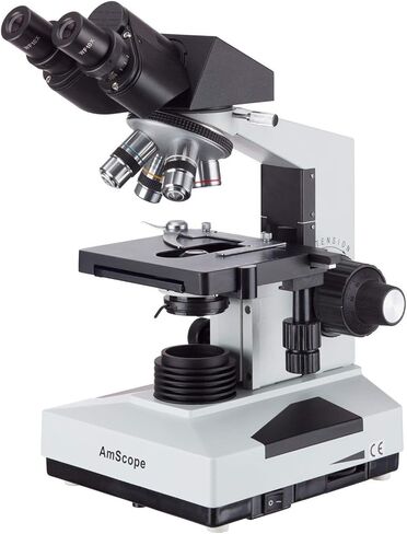 AmScope B490A Compound Binocular Microscope, WF10x and WF16x Eyepieces, 40X-1600X Magnification, Brightfield, Halogen Illumination, Abbe Condenser, Double-Layer Mechanical Stage, Sliding Head, High-Resolution Optics, Anti-Mold in Saudi Arabia