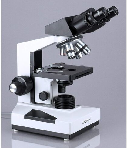 AmScope B490A Compound Binocular Microscope, WF10x and WF16x Eyepieces, 40X-1600X Magnification, Brightfield, Halogen Illumination, Abbe Condenser, Double-Layer Mechanical Stage, Sliding Head, High-Resolution Optics, Anti-Mold in Saudi Arabia