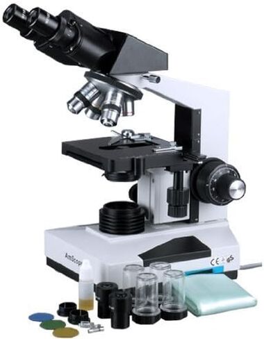 AmScope B490A-DK Compound Binocular Microscope, WF10x and WF16x Eyepieces, 40X-1600X Magnification, Brightfield/Darkfield (BF/DF), Halogen Illumination, Abbe Condenser, Double-Layer Mechanical Stage, Sliding Head, High-Resolution Optics, Anti-Mold in Saudi Arabia
