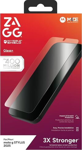 واقي شاشة ZAGG Glass+ Motorola Moto g STYLUS 2025 - حماية فائقة من الصدمات والكسر، مقاوم للخدش، مقاوم للتلطخ، متوافق مع ماسح بصمات الأصابع، درع غير مرئي، سهل التركيب in Saudi Arabia
