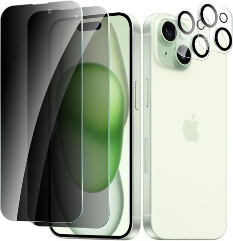 عبوتان + 2 واقي شاشة للخصوصية لهاتف iPhone 15 مع واقي عدسة الكاميرا، طبقة حماية من الزجاج المقوى ضد التجسس صلابة 9H، مقاوم للخدش، صديق للحافظة in Kuwait
