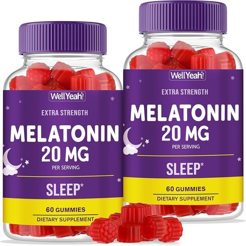 WellYeah Melatonin Gummies 20mg (2 Pack) - نكهات من مصادر طبيعية - مكمل صمغي خالي من المخدرات - خالي من الغلوتين والجيلاتين، نباتي - 60 علكة in Kuwait